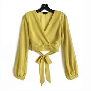 Chiffon blouse with long sleeves. Wrap-style front. Size M. Olive-yellow color